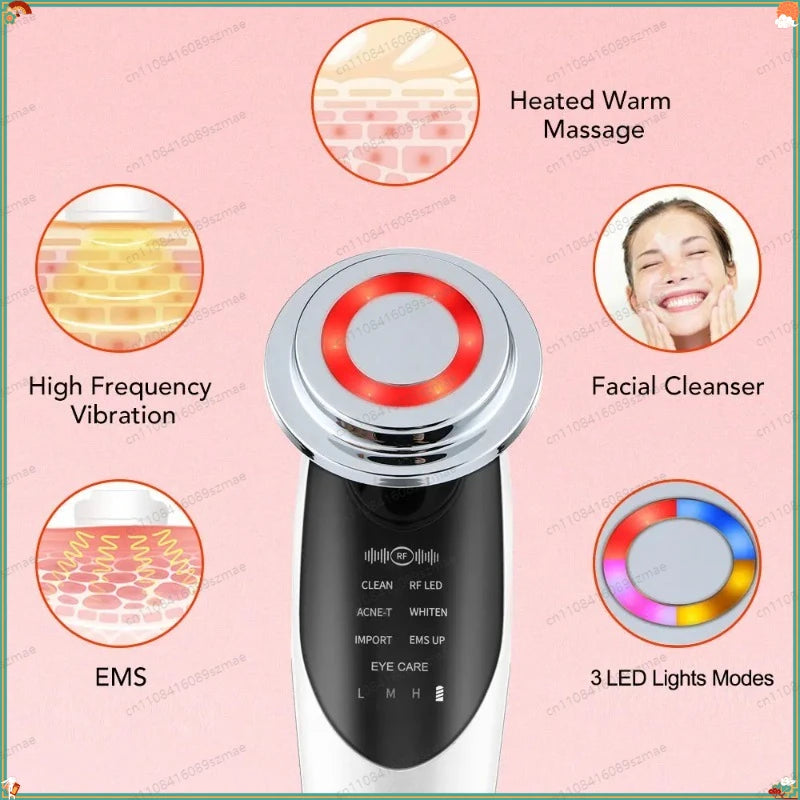 7-in-1 Facial Beauty Device for Elderly, EMS RF Heating LED Massager, Face & Eye Skin Care Tool