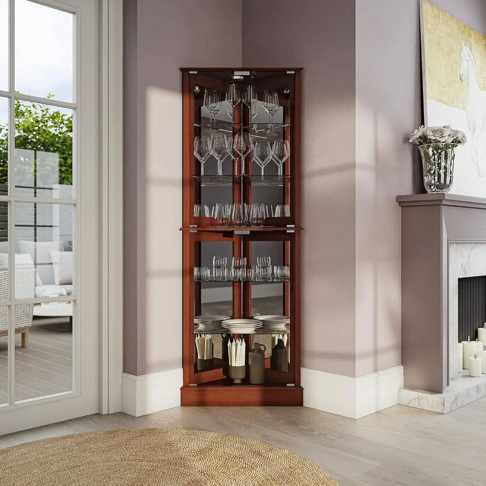 Walnut Wooden Curio Cabinet with Tempered Glass Door, 6-Shelf Bar and Liquor Storage