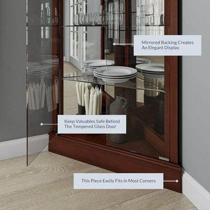 Walnut Wooden Curio Cabinet with Tempered Glass Door, 6-Shelf Bar and Liquor Storage