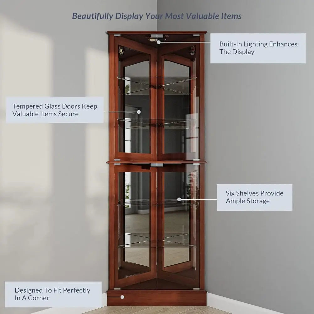 Walnut Wooden Curio Cabinet with Tempered Glass Door, 6-Shelf Bar and Liquor Storage