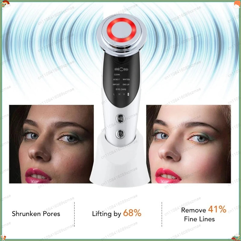 7-in-1 Facial Beauty Device for Elderly, EMS RF Heating LED Massager, Face & Eye Skin Care Tool