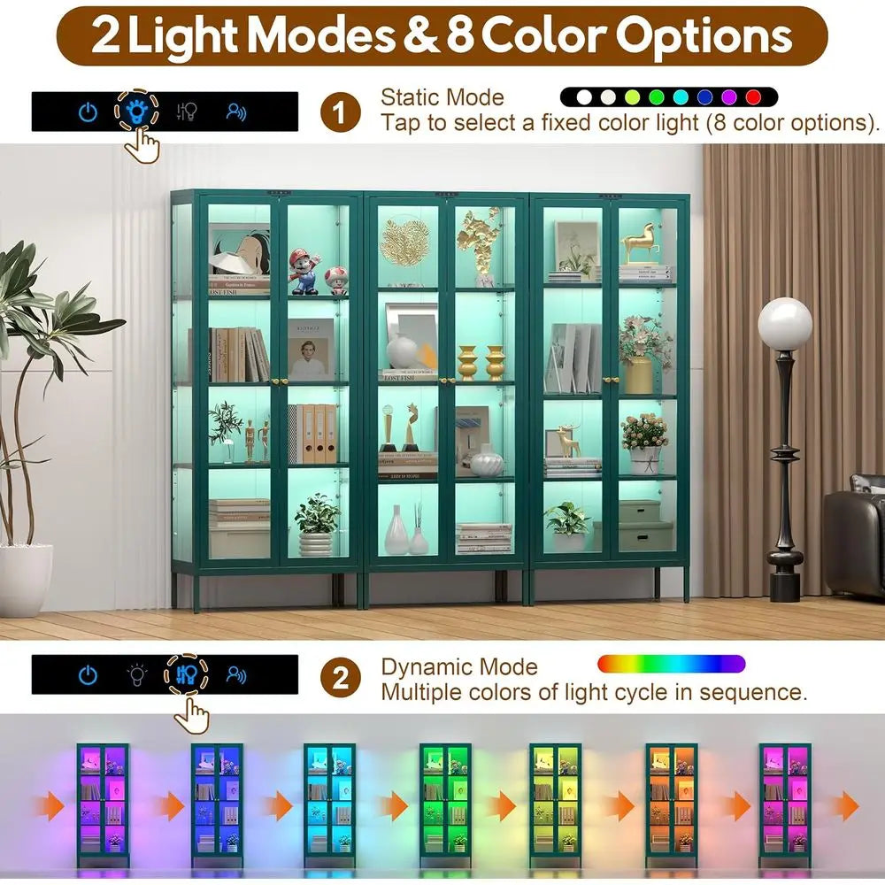 LED-Illuminated Glass Display Cabinet with 3 Shelves for Living Room, Assembly Required, Green