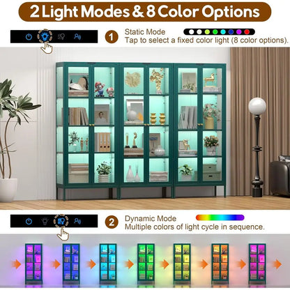 LED-Illuminated Glass Display Cabinet with 3 Shelves for Living Room, Assembly Required, Green