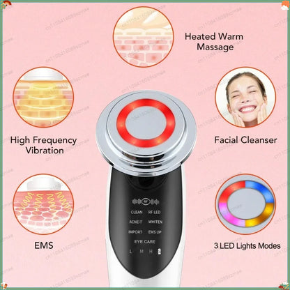 7-in-1 Facial Beauty Device for Elderly, EMS RF Heating LED Massager, Face & Eye Skin Care Tool