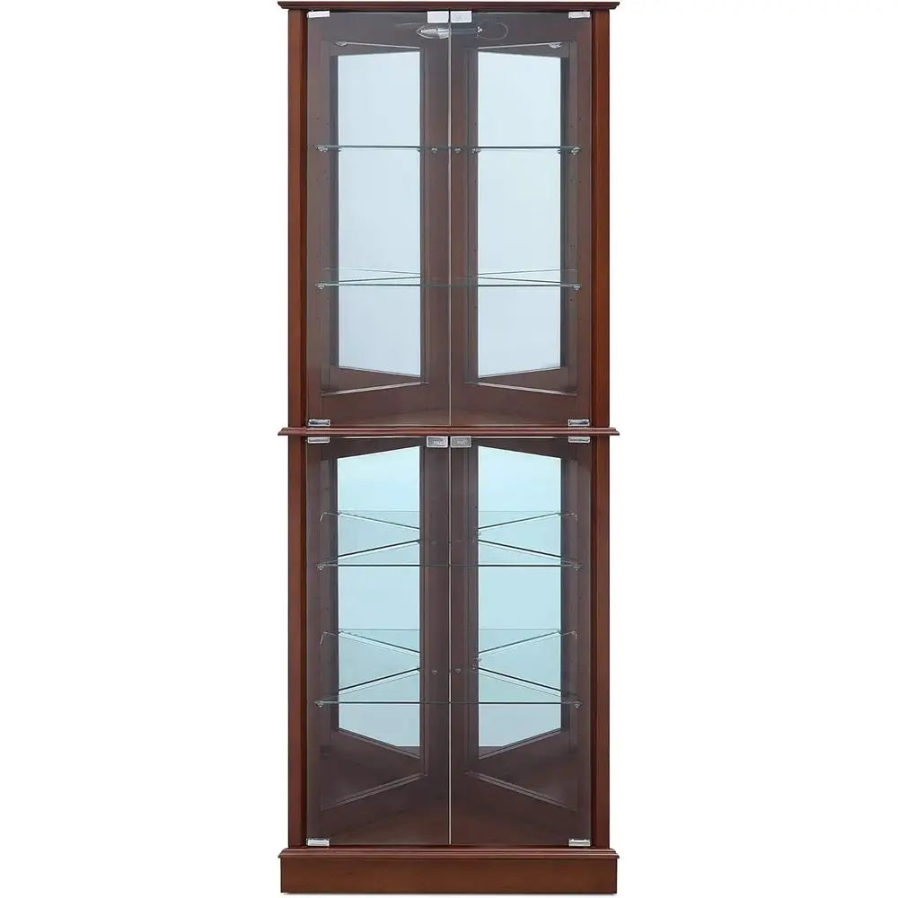 Walnut Wooden Curio Cabinet with Tempered Glass Door, 6-Shelf Bar and Liquor Storage