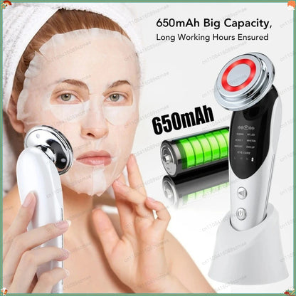 7-in-1 Facial Beauty Device for Elderly, EMS RF Heating LED Massager, Face & Eye Skin Care Tool