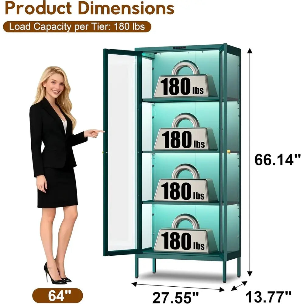 LED-Illuminated Glass Display Cabinet with 3 Shelves for Living Room, Assembly Required, Green