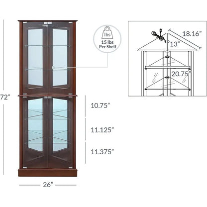 Walnut Wooden Curio Cabinet with Tempered Glass Door, 6-Shelf Bar and Liquor Storage