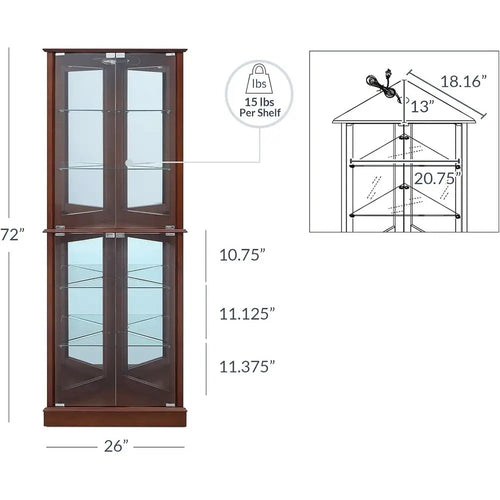 Walnut Wooden Curio Cabinet with Tempered Glass Door, 6-Shelf Bar and Liquor Storage