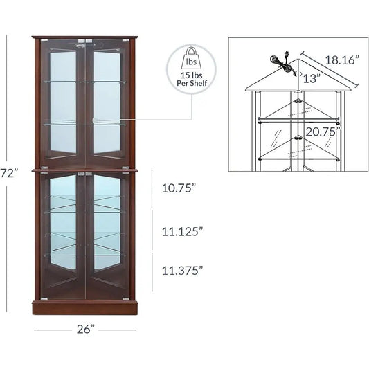 Walnut Wooden Curio Cabinet with Tempered Glass Door, 6-Shelf Bar and Liquor Storage
