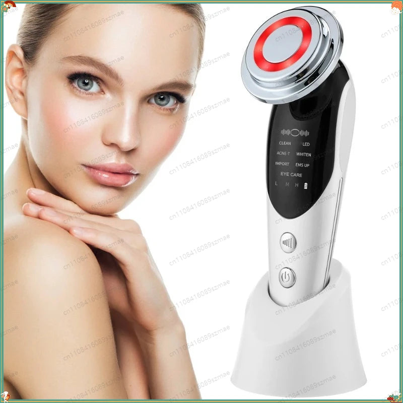 7-in-1 Facial Beauty Device for Elderly, EMS RF Heating LED Massager, Face & Eye Skin Care Tool