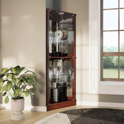 Walnut Wooden Curio Cabinet with Tempered Glass Door, 6-Shelf Bar and Liquor Storage